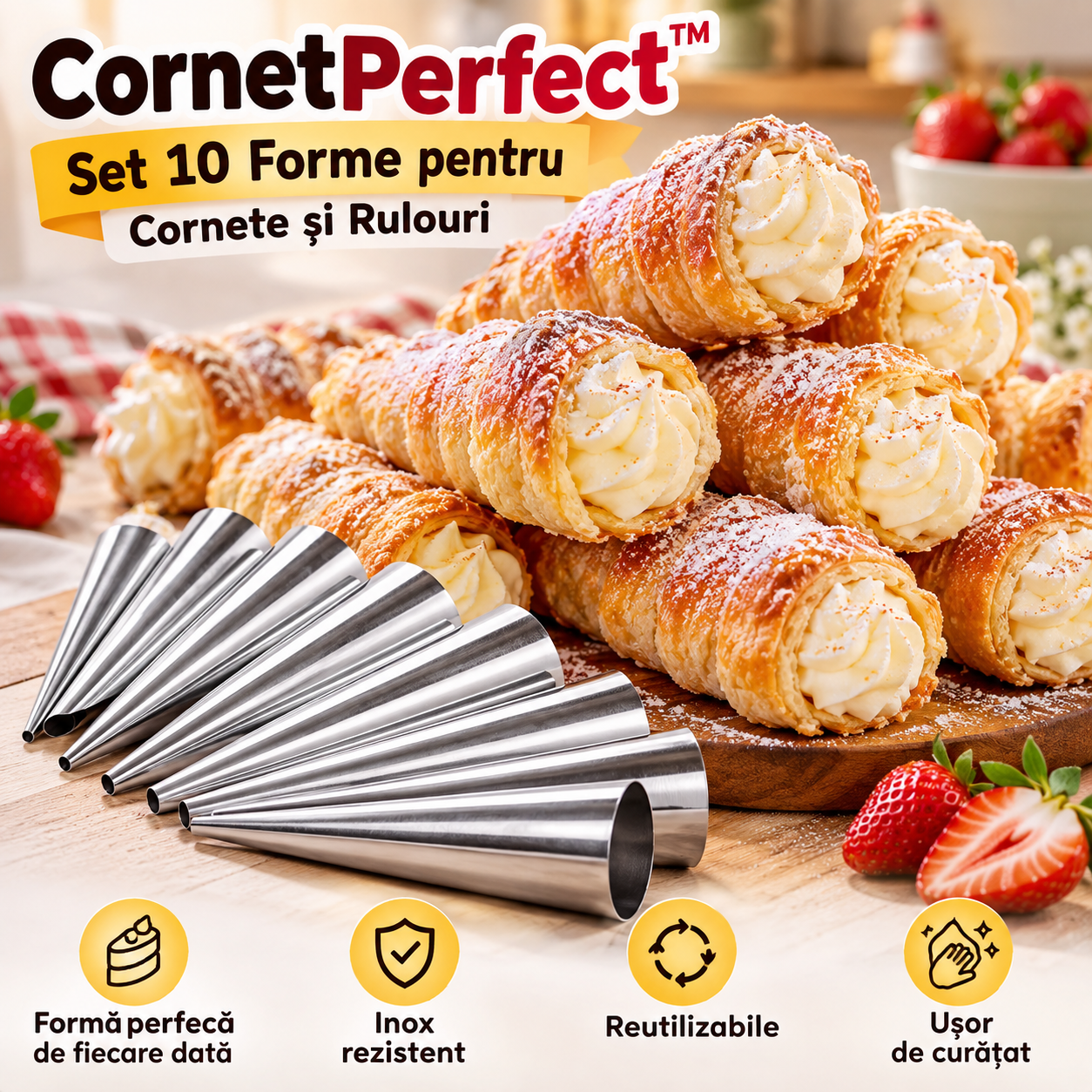 CornetPerfect™ – Set 10 Forme pentru Cornete și Rulouri