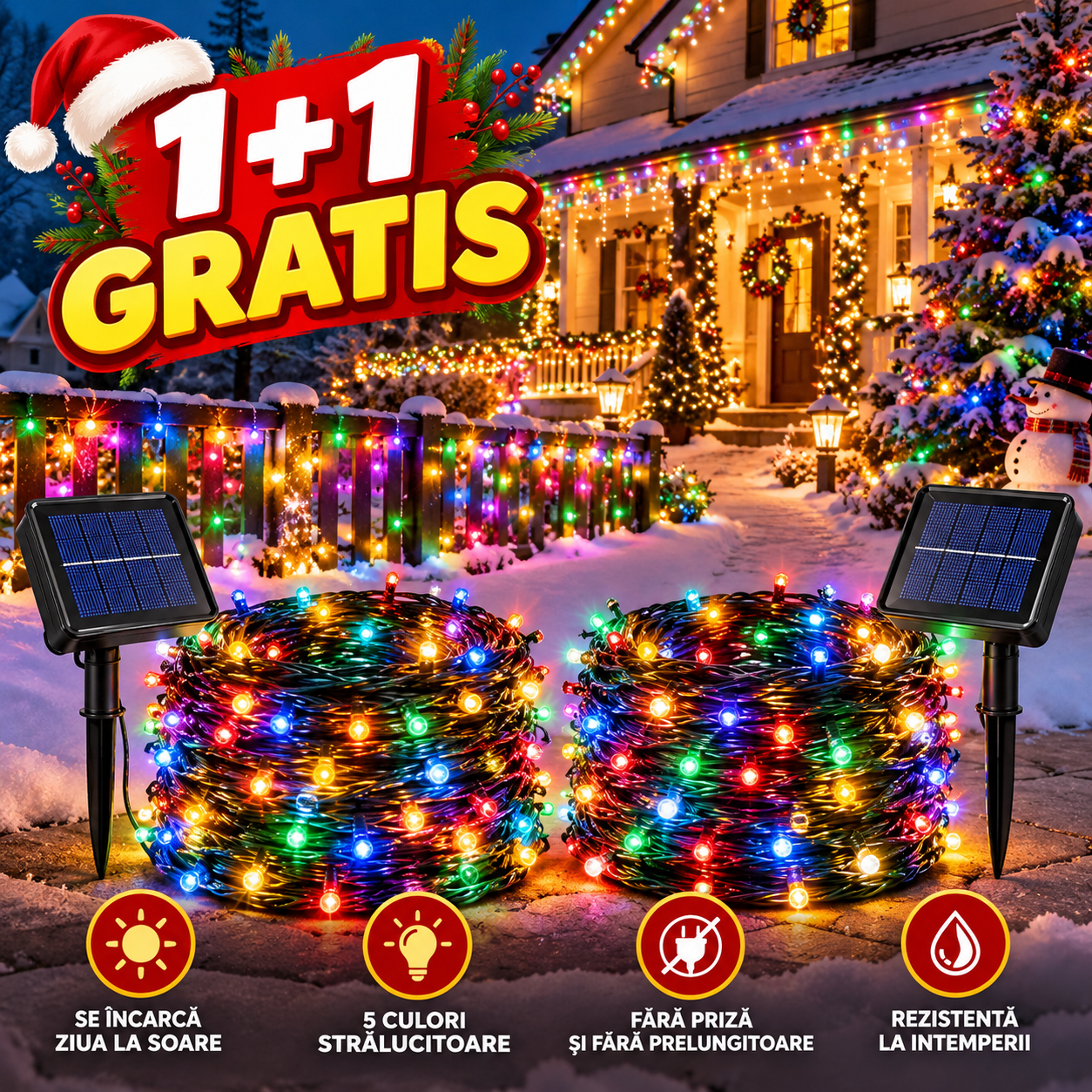 1+1 GRATIS  Instalație solară multicoloră de Crăciun cu panou