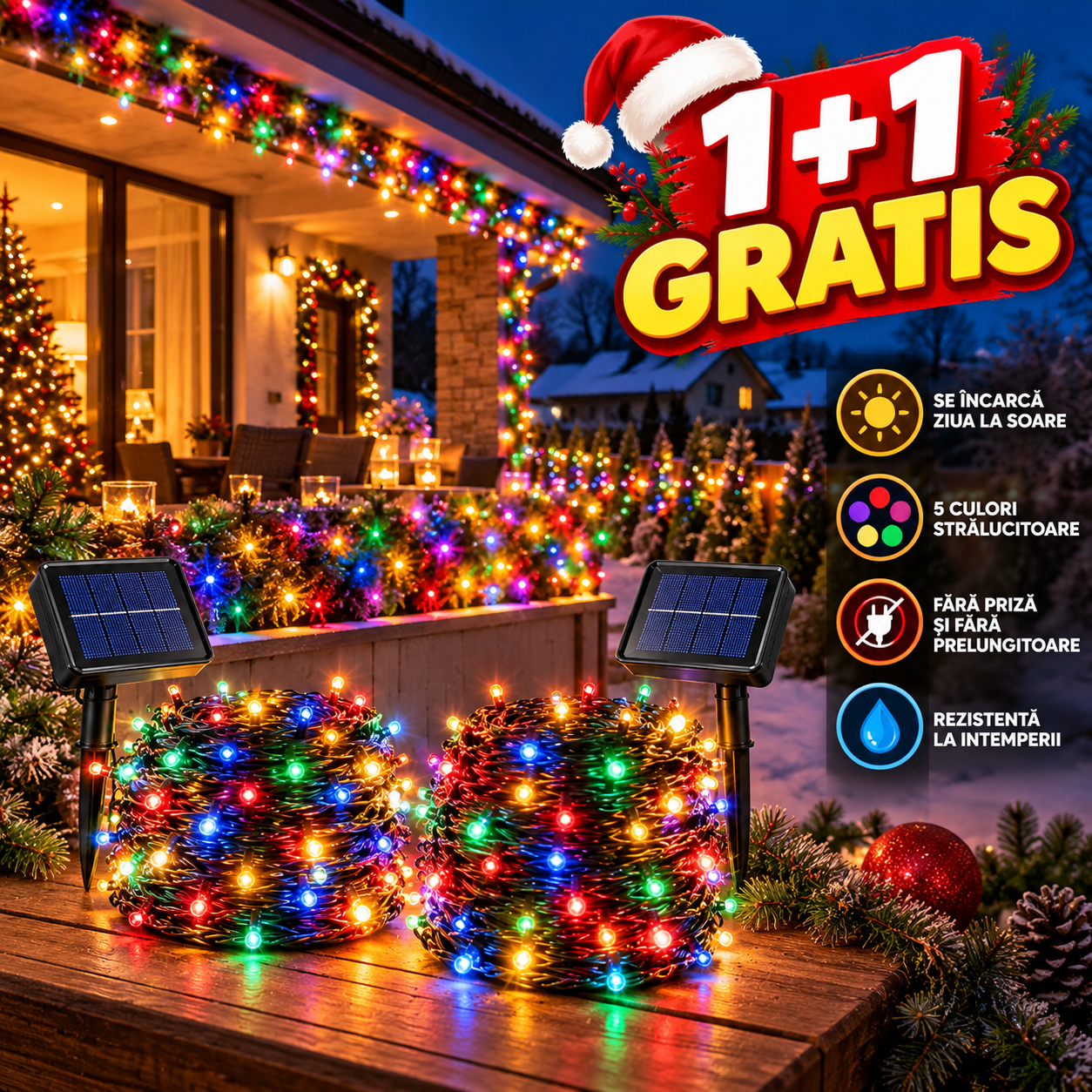 1+1 GRATIS  Instalație solară multicoloră de Crăciun cu panou