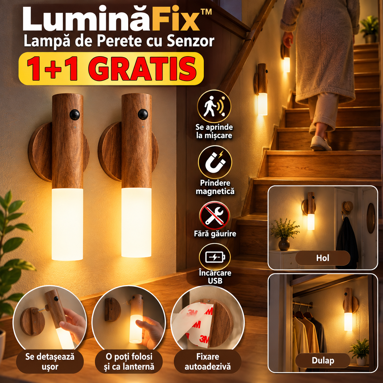 1+1 Gratis - Lampă de perete cu senzor de mișcare și prindere magnetică