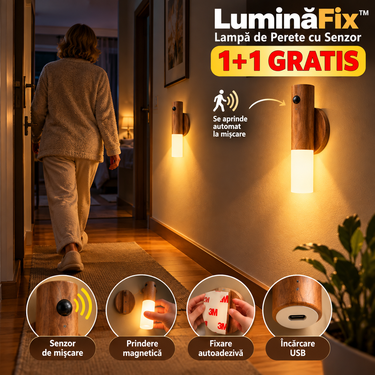 1+1 Gratis - Lampă de perete cu senzor de mișcare și prindere magnetică