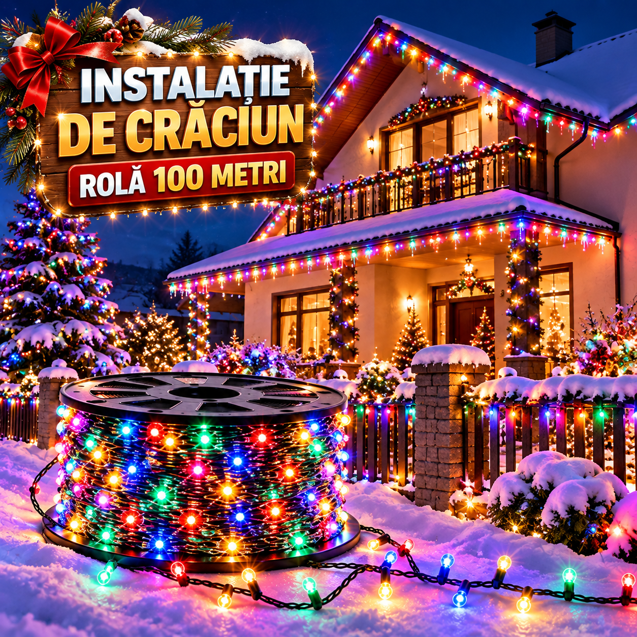 Instalație de Crăciun 100 m – Lumini pentru Casă și Grădină 🎄