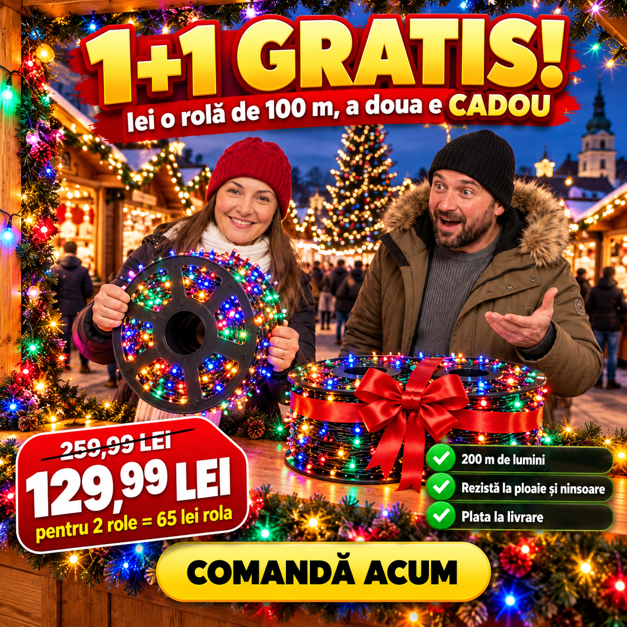 1+1 GRATIS:  Instalație de Crăciun 100 m – Lumini pentru Casă și Grădină 🎄
