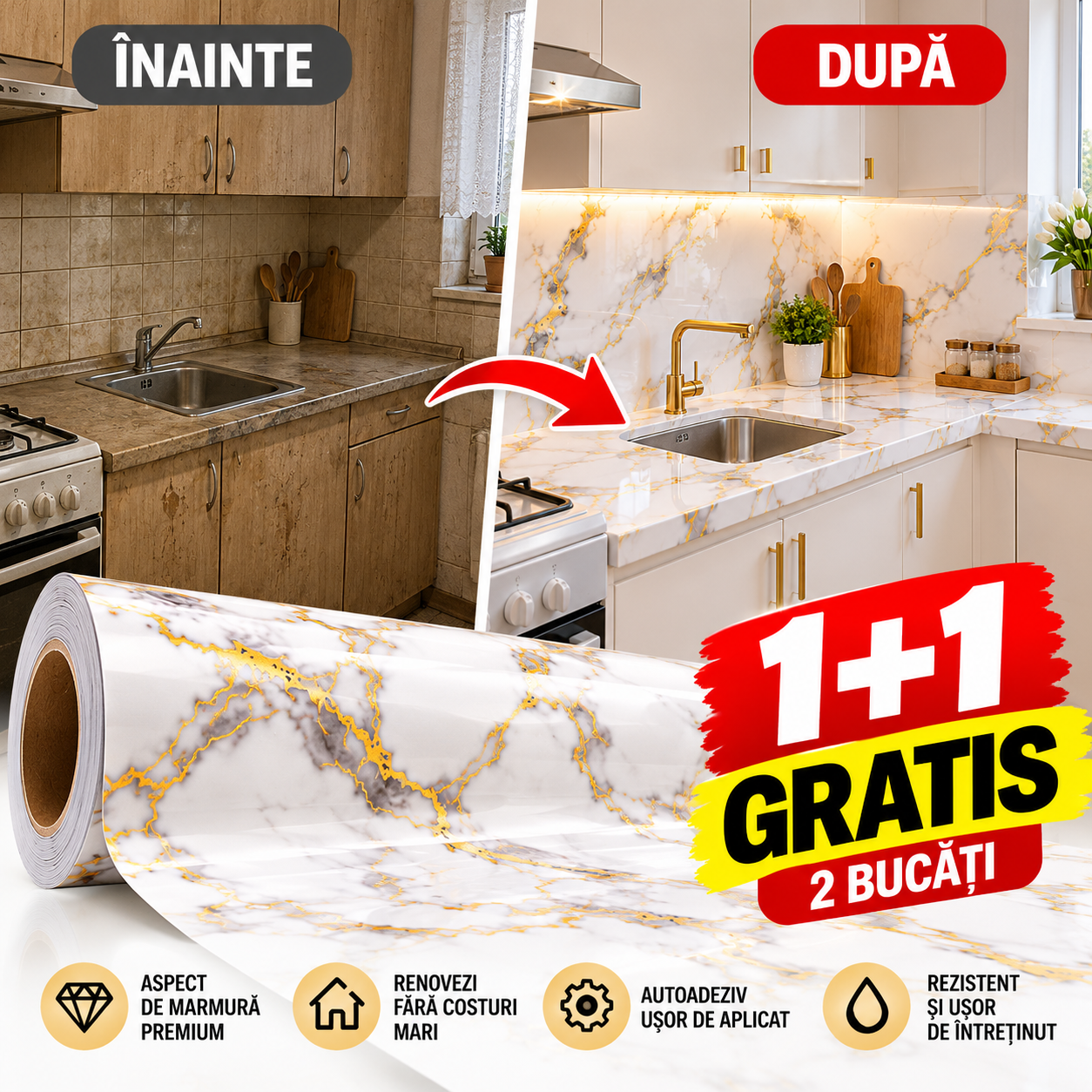 1+1 GRATIS: Folie Autoadezivă, Imitatie Marmură, 60 x 300 cm, Impermeabilă, Ușor de Aplicat, Pentru Mobilă