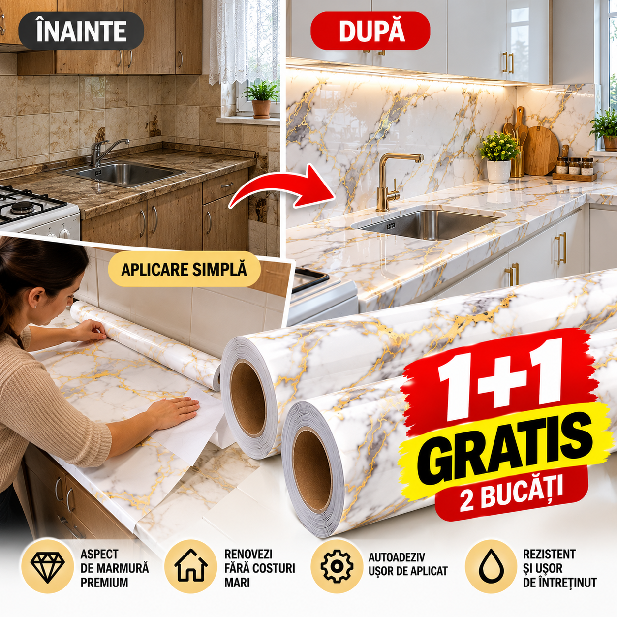 1+1 GRATIS: Folie Autoadezivă, Imitatie Marmură, 60 x 300 cm, Impermeabilă, Ușor de Aplicat, Pentru Mobilă