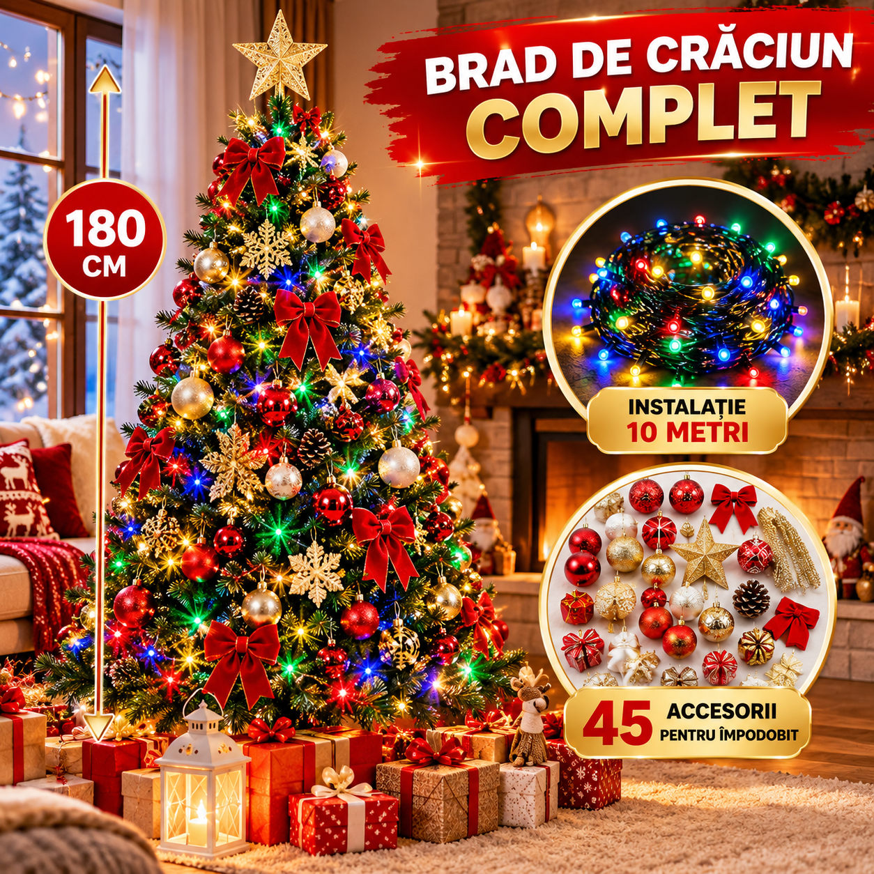 Brad Artificial De Craciun, Cu 45 De Accesorii Pentru Impodobit, 1.8 m Inaltime + Instalatie 10 m CADOU