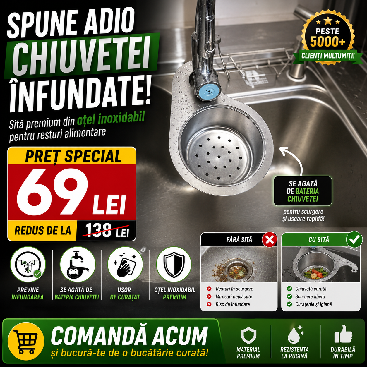 Sită de Chiuvetă pentru Resturi Alimentare din oţel inoxidabil