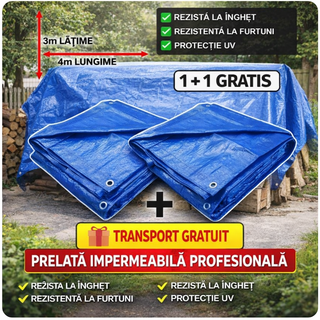 1+1 GRATIS: Prelata Super Rezistenta Pentru Ploaie si Acoperit Suprafete, 3x4 m